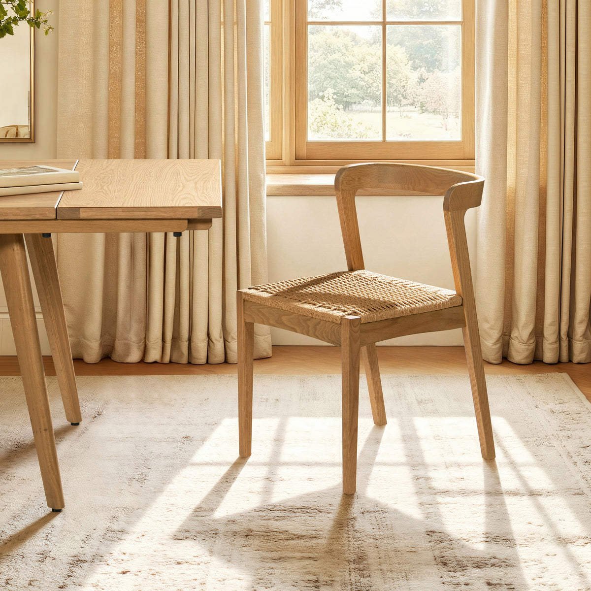 Capri Woven Seat Oak Wood Dining Chair Natural Brown Red Oak