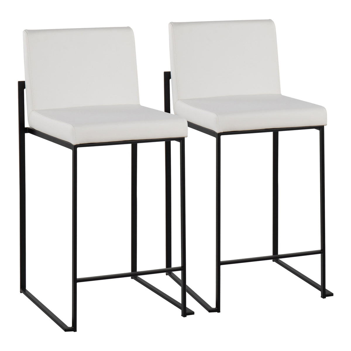Fuji Contemporary High Back Counter Stool in Black Steel and White Faux Leather by LumiSource - Set of 2