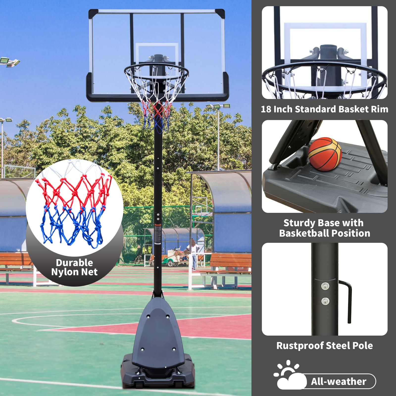 Height Adjustable Basketball Hoop, 7.5 to 10ft Adjustable Basketball Stand with 44 Inch Backboard, Portable Basketball Goal System with Stable Base and Wheels, Use for Outdoor