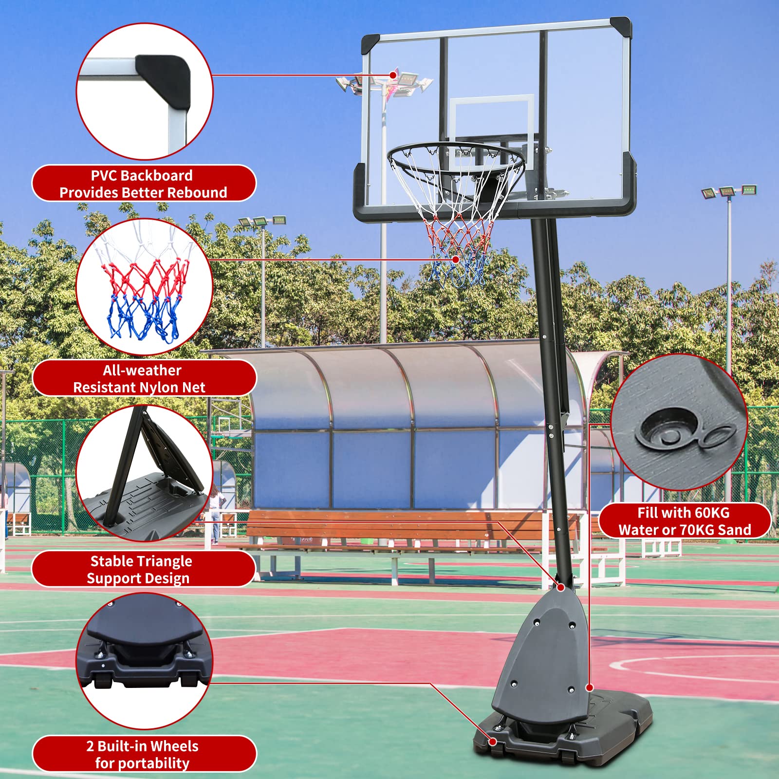 Height Adjustable Basketball Hoop, 7.5 to 10ft Adjustable Basketball Stand with 44 Inch Backboard, Portable Basketball Goal System with Stable Base and Wheels, Use for Outdoor