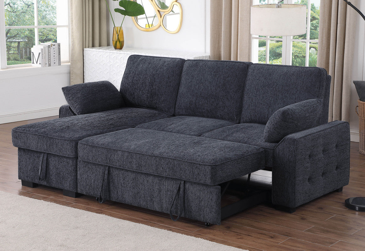 Marcello 91"W Charcoal Chenille Fabric Reversible Sleeper Sectional with Storage Chaise, Drop-Down Table, Cup Holders and Charging Ports