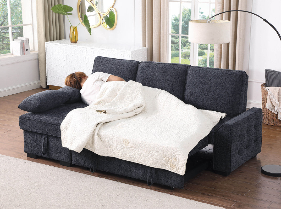 Marcello 91"W Charcoal Chenille Fabric Reversible Sleeper Sectional with Storage Chaise, Drop-Down Table, Cup Holders and Charging Ports