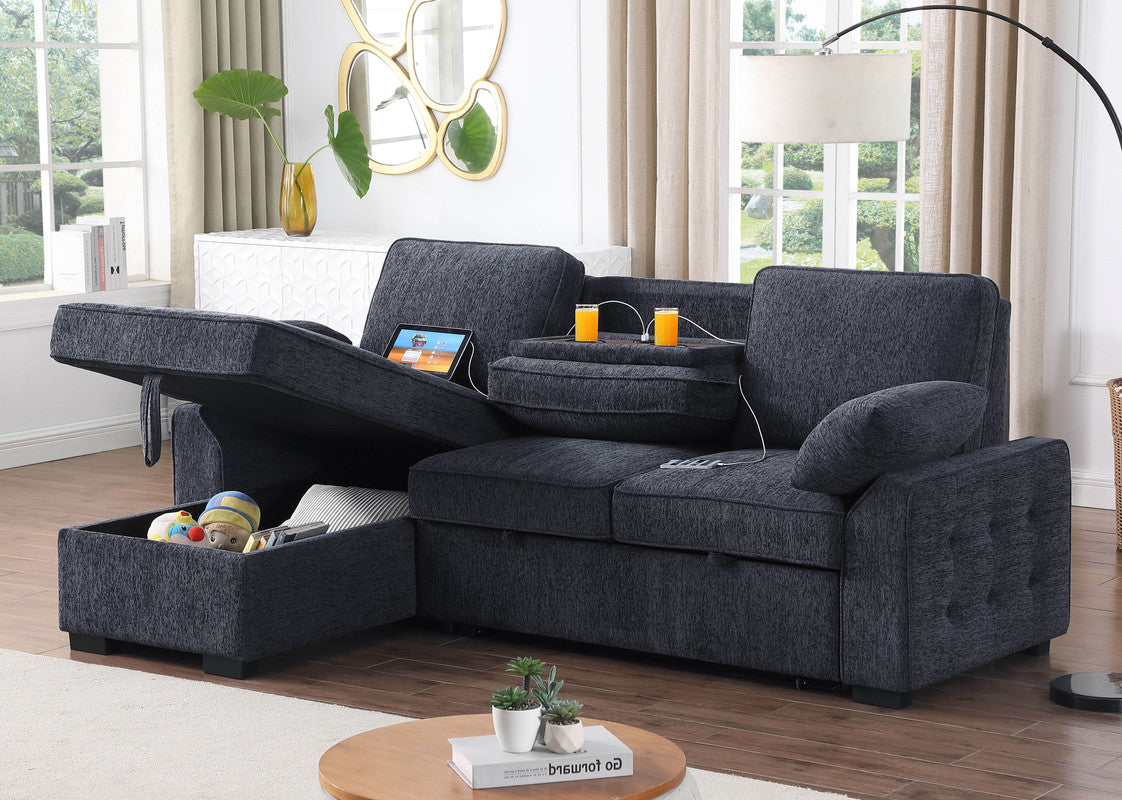 Marcello 91"W Charcoal Chenille Fabric Reversible Sleeper Sectional with Storage Chaise, Drop-Down Table, Cup Holders and Charging Ports