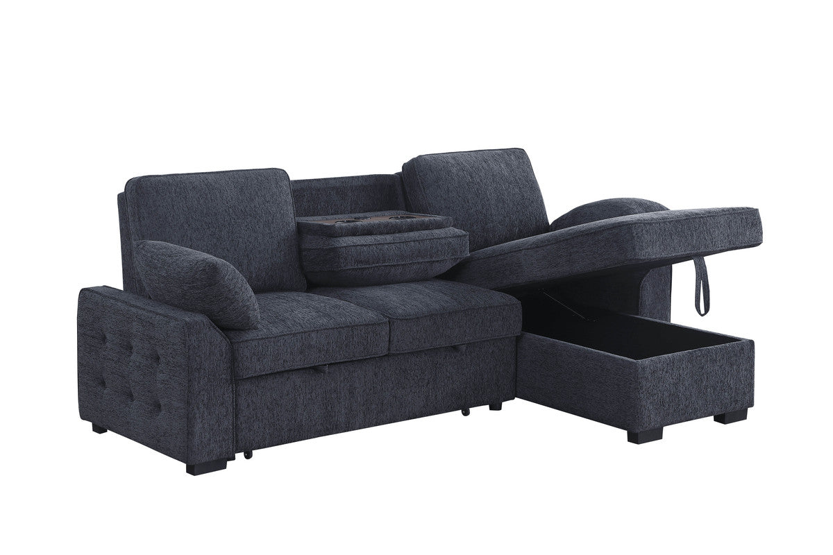 Marcello 91"W Charcoal Chenille Fabric Reversible Sleeper Sectional with Storage Chaise, Drop-Down Table, Cup Holders and Charging Ports