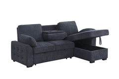 Marcello 91"W Charcoal Chenille Fabric Reversible Sleeper Sectional with Storage Chaise, Drop-Down Table, Cup Holders and Charging Ports