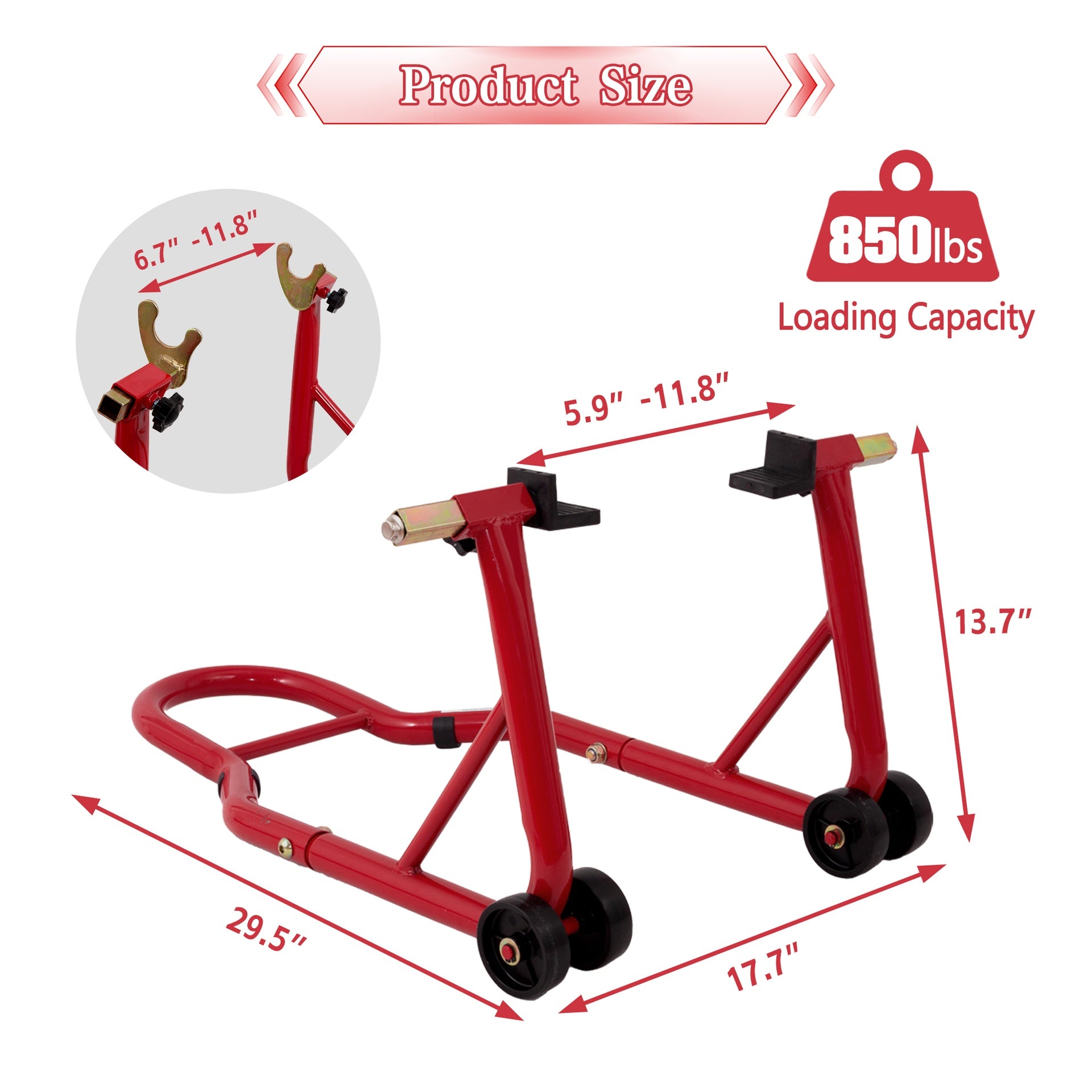 Motorcycle Stand 850LBS Red, Heavy Duty Rear Paddock Lift, 6.7-11.8" U+L Adjustable Swingarm Spool, Fits Yamaha Honda Kawasaki Red