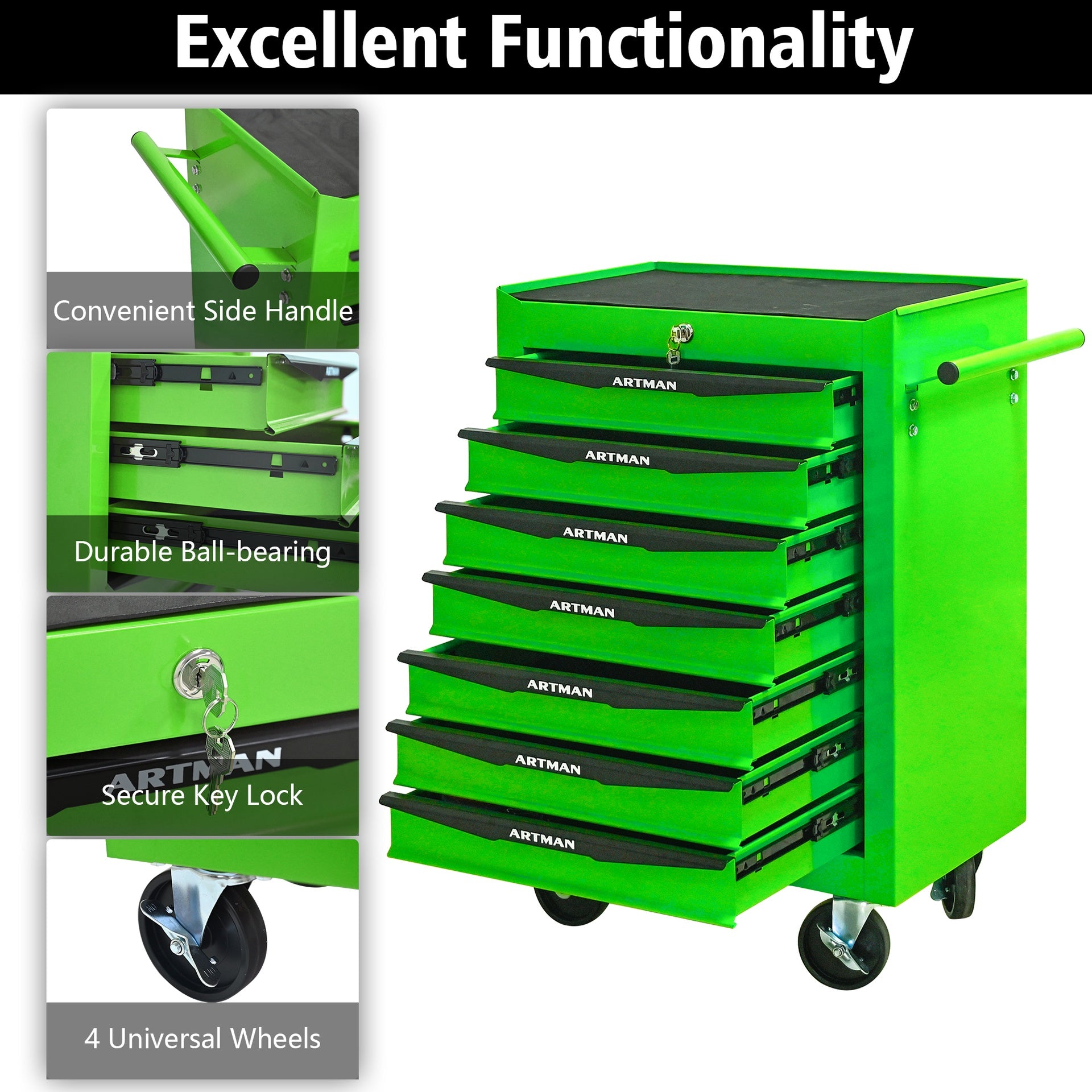 Rolling Metal Tool Chest with 7 Drawers, 20" 7-Drawer Tool Chest Cabinet with Ball Bearing Drawer Slides, Steel Tool Storage Box Organizer -GREEN