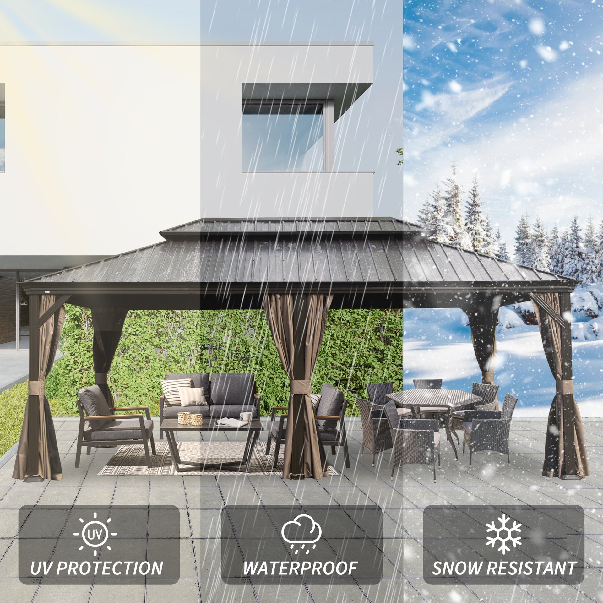 12' X 20' Hardtop Gazebo, Upgraded Metal Gazebo with Drainage System, Dual-Layer Galvanized Steel Roof, Curtain and Netting, Outdoor Shelter Canopy for Patio, Garden, and Backyard, Brown