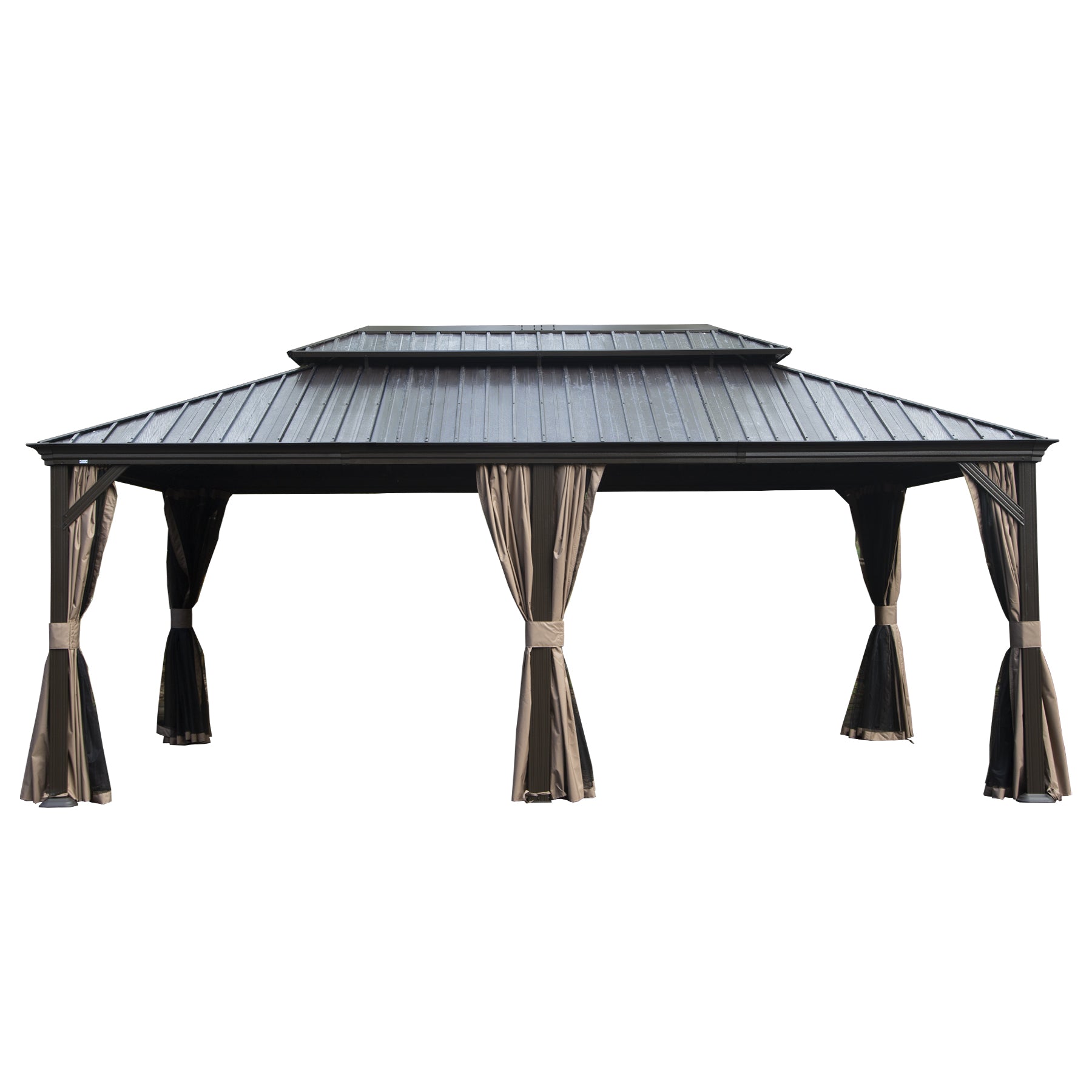 12' X 20' Hardtop Gazebo, Upgraded Metal Gazebo with Drainage System, Dual-Layer Galvanized Steel Roof, Curtain and Netting, Outdoor Shelter Canopy for Patio, Garden, and Backyard, Brown