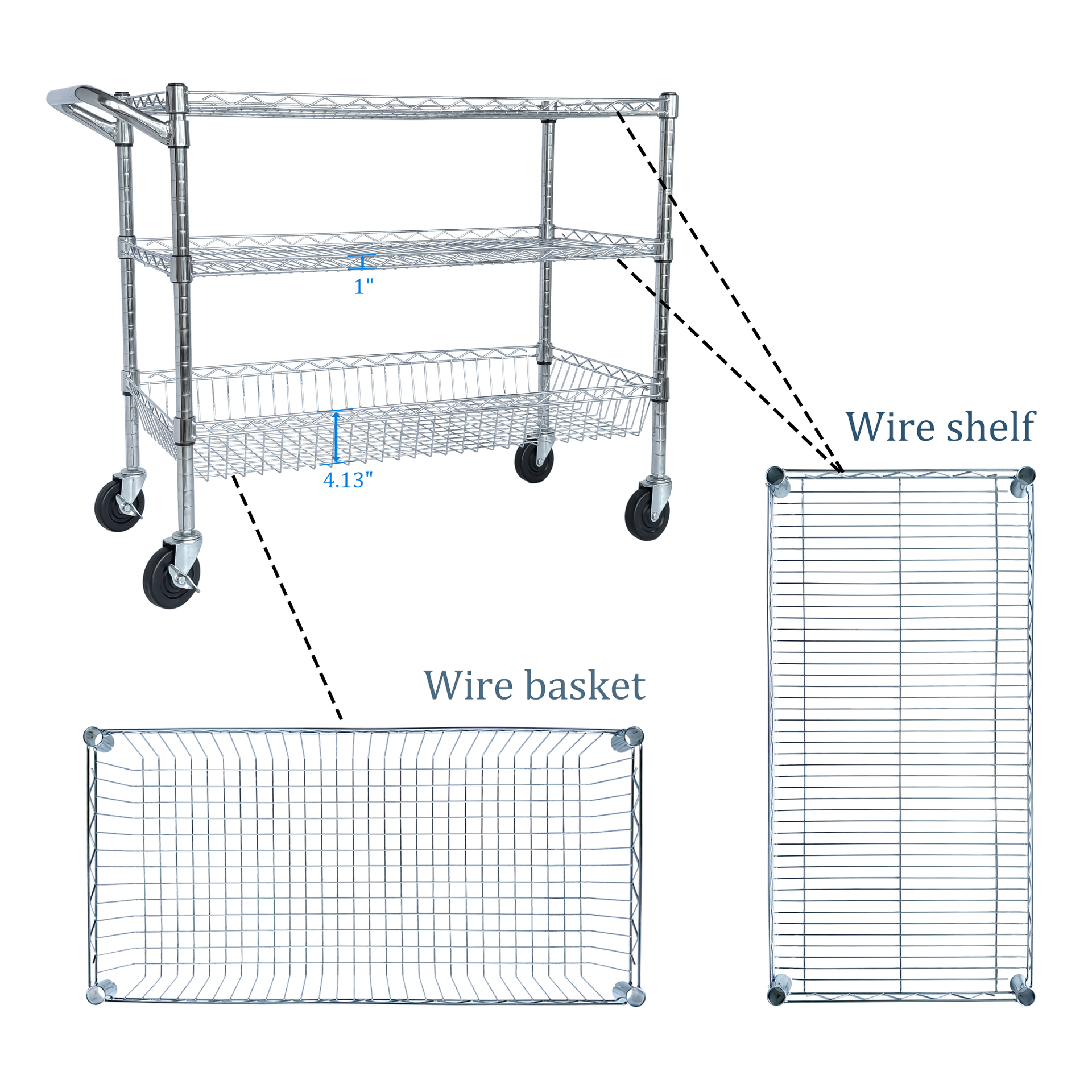 Heavy Duty Rolling Utility Cart,3 Tier Rolling Carts with Wheels,with Handle Bar & Shelf Liners,36"x18"x32"Storage Cart for Kitchen,Restaurant,Plant Display,Chrome