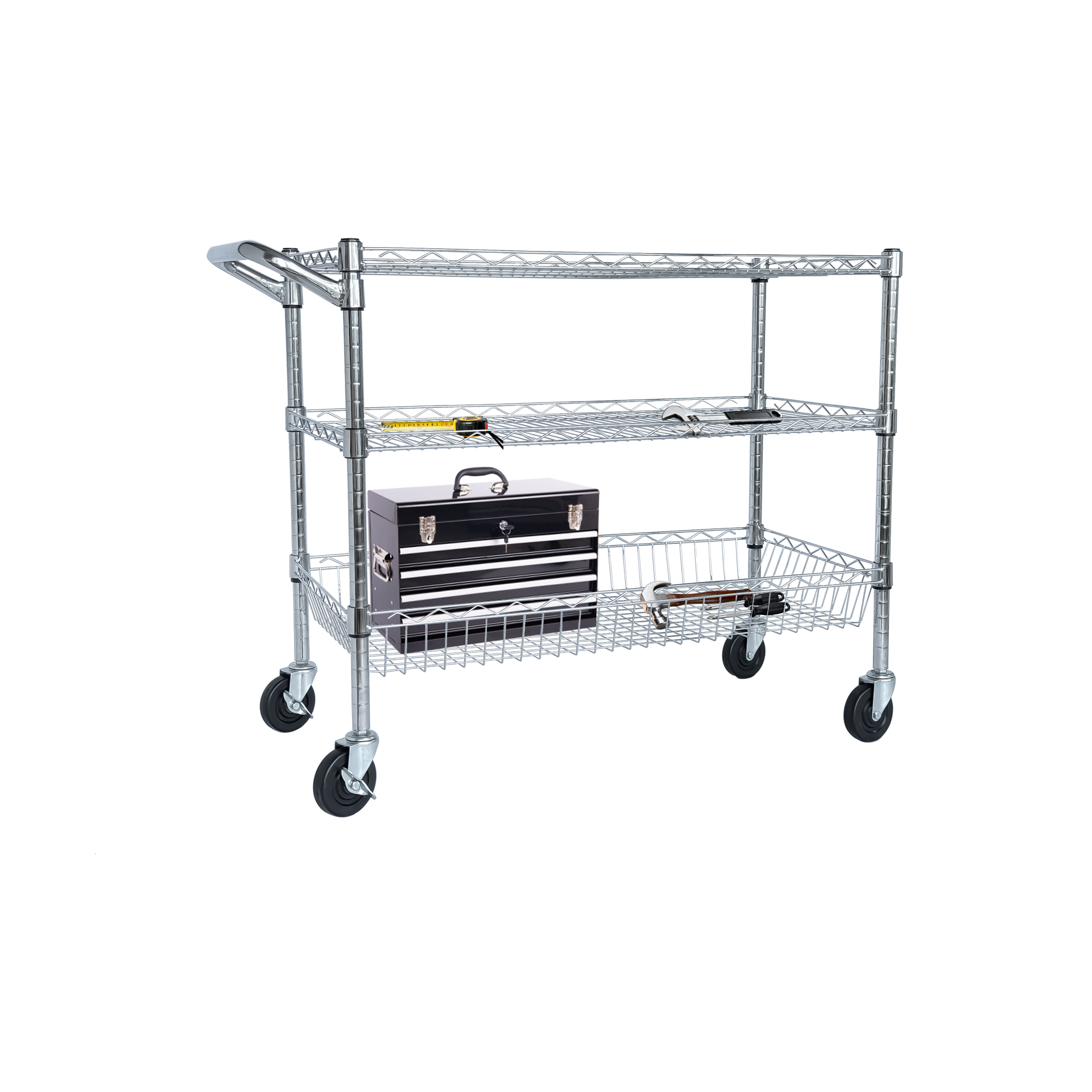 Heavy Duty Rolling Utility Cart,3 Tier Rolling Carts with Wheels,with Handle Bar & Shelf Liners,36"x18"x32"Storage Cart for Kitchen,Restaurant,Plant Display,Chrome