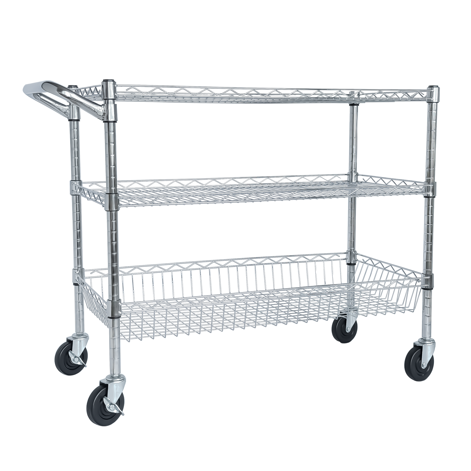 Heavy Duty Rolling Utility Cart,3 Tier Rolling Carts with Wheels,with Handle Bar & Shelf Liners,36"x18"x32"Storage Cart for Kitchen,Restaurant,Plant Display,Chrome