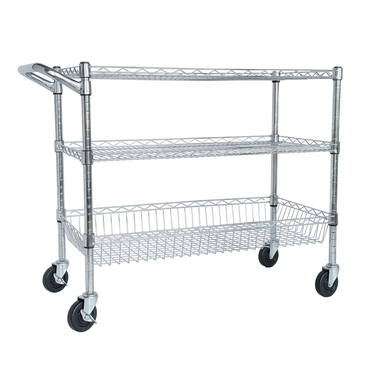 Heavy Duty Rolling Utility Cart,3 Tier Rolling Carts with Wheels,with Handle Bar & Shelf Liners,36"x18"x32"Storage Cart for Kitchen,Restaurant,Plant Display,Chrome