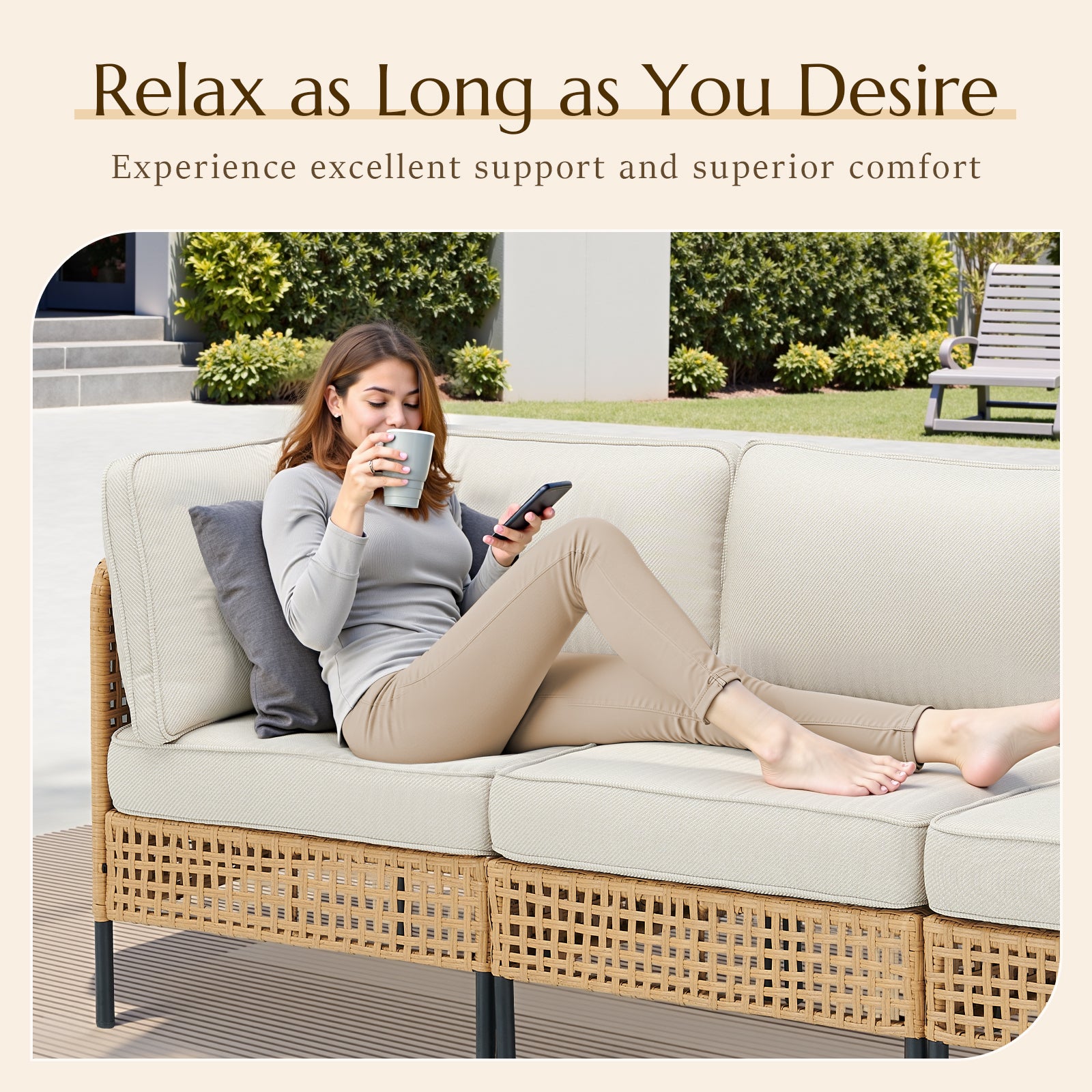 Outdoor Natural Wicker Sofa Boho Patio Sectional Loveseat Furniture Set with Beige Csuhions