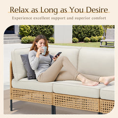 Outdoor Natural Wicker Sofa Boho Patio Sectional Loveseat Furniture Set with Beige Csuhions