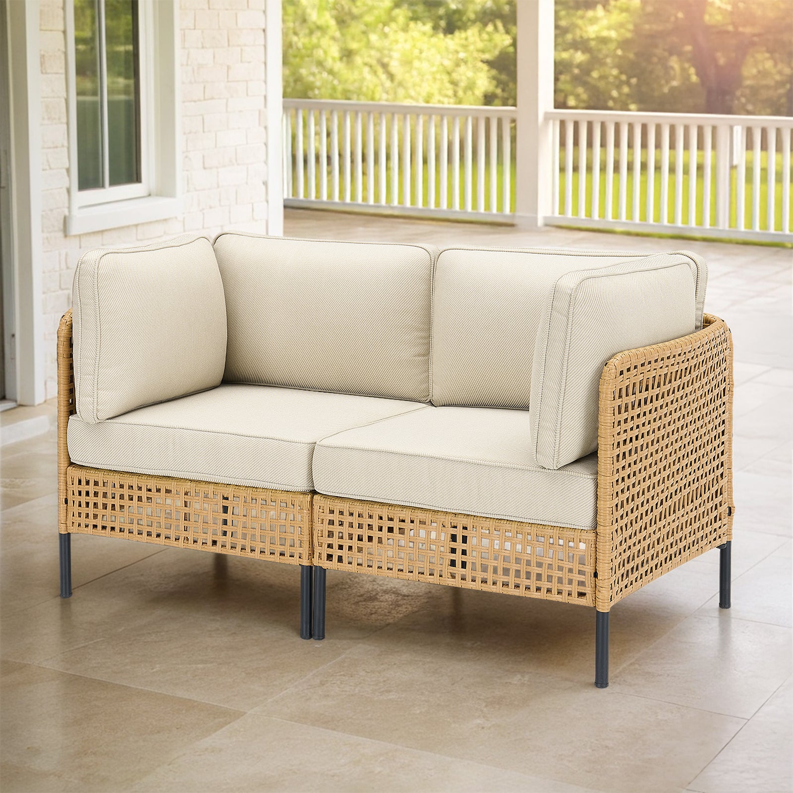 Outdoor Natural Wicker Sofa Boho Patio Sectional Loveseat Furniture Set with Beige Csuhions