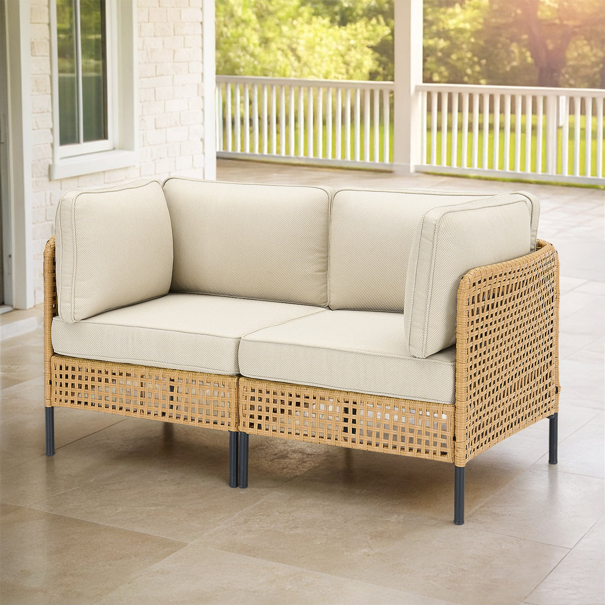 Outdoor Natural Wicker Sofa Boho Patio Sectional Loveseat Furniture Set with Beige Csuhions
