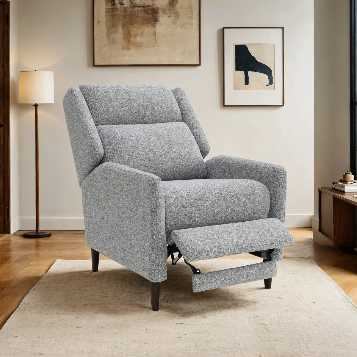 Pushback Manual Recliner High Back Channel Detail Tapered Legs Leathered Upholstery Gray Finish Primary Living Room