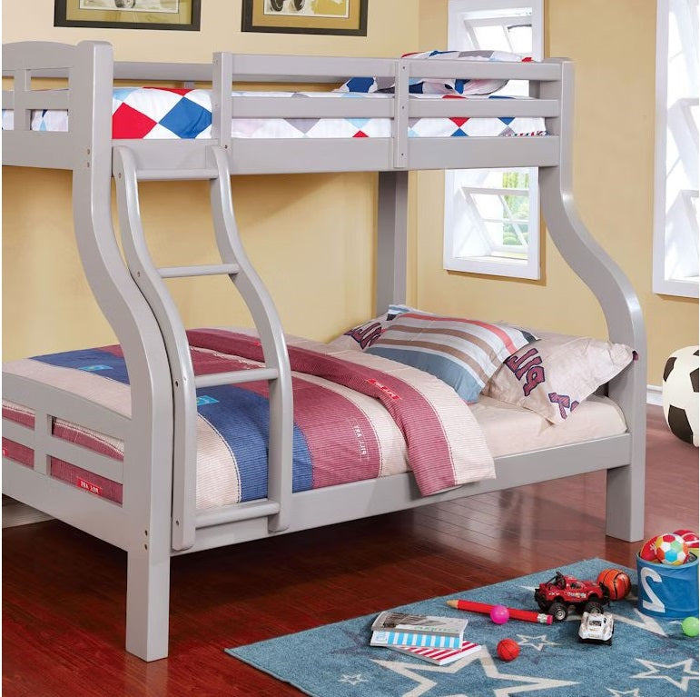Transitional Style Twin Over Full Bunk Bed Attached Curved Ladder Upper Bed Rails Bold & Curved Wood Design