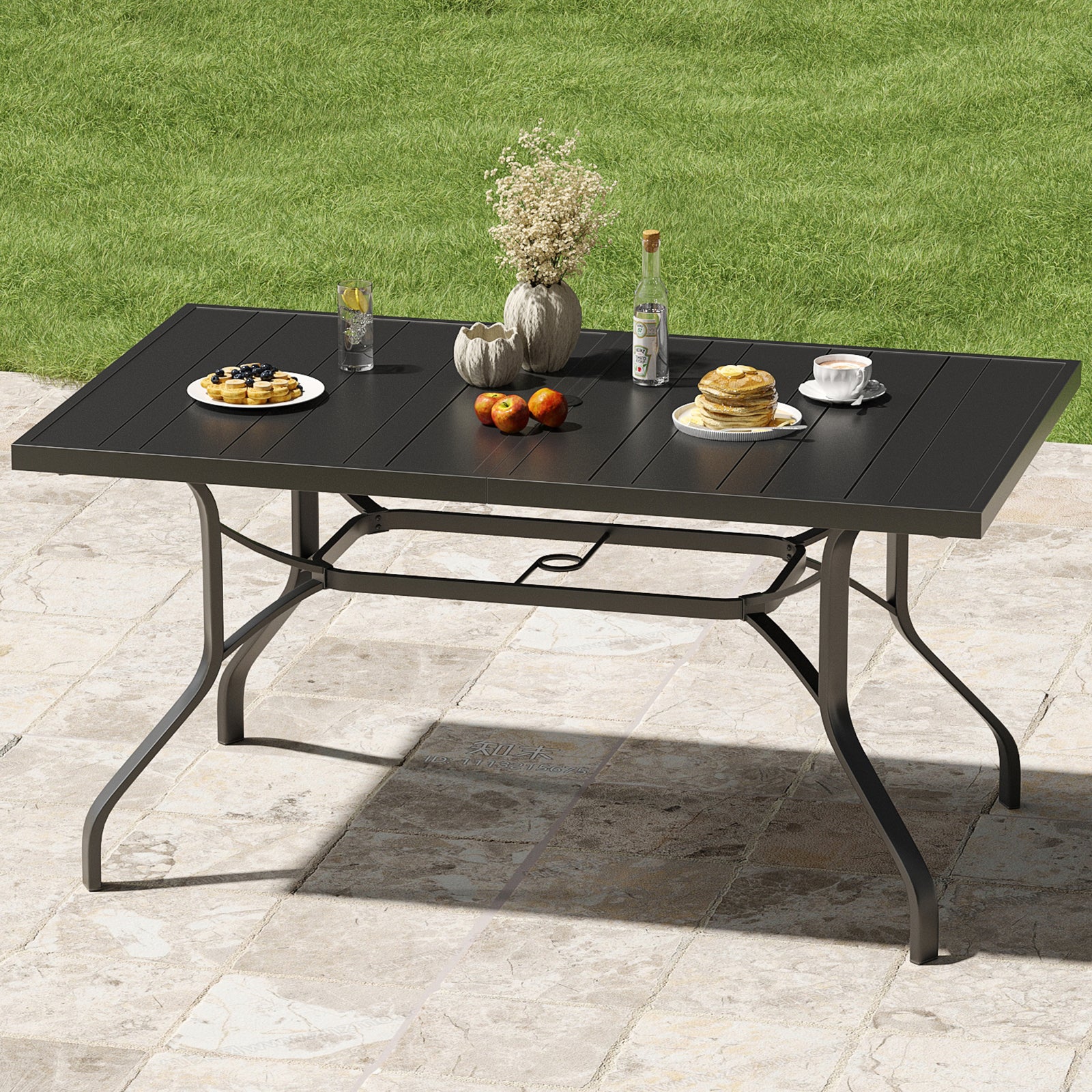 Outdoor Dining Table 60"x35", Rectangle Patio Dining Table with 1.57" Umbrella Hole, Outdoor Metal Furniture for Patio, Graden, Backyard and Poolside, Weather-Resistant
