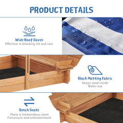 Kids Sandbox with Adjustable Cover, 46'' Wooden Sand Box with 2 Foldable Bench Seats, Outdoor Sandpit for Backyard Play