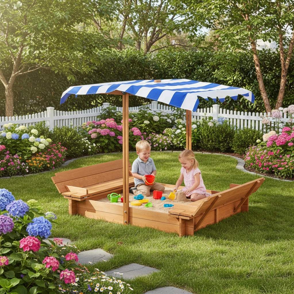 Kids Sandbox with Adjustable Cover, 46'' Wooden Sand Box with 2 Foldable Bench Seats, Outdoor Sandpit for Backyard Play