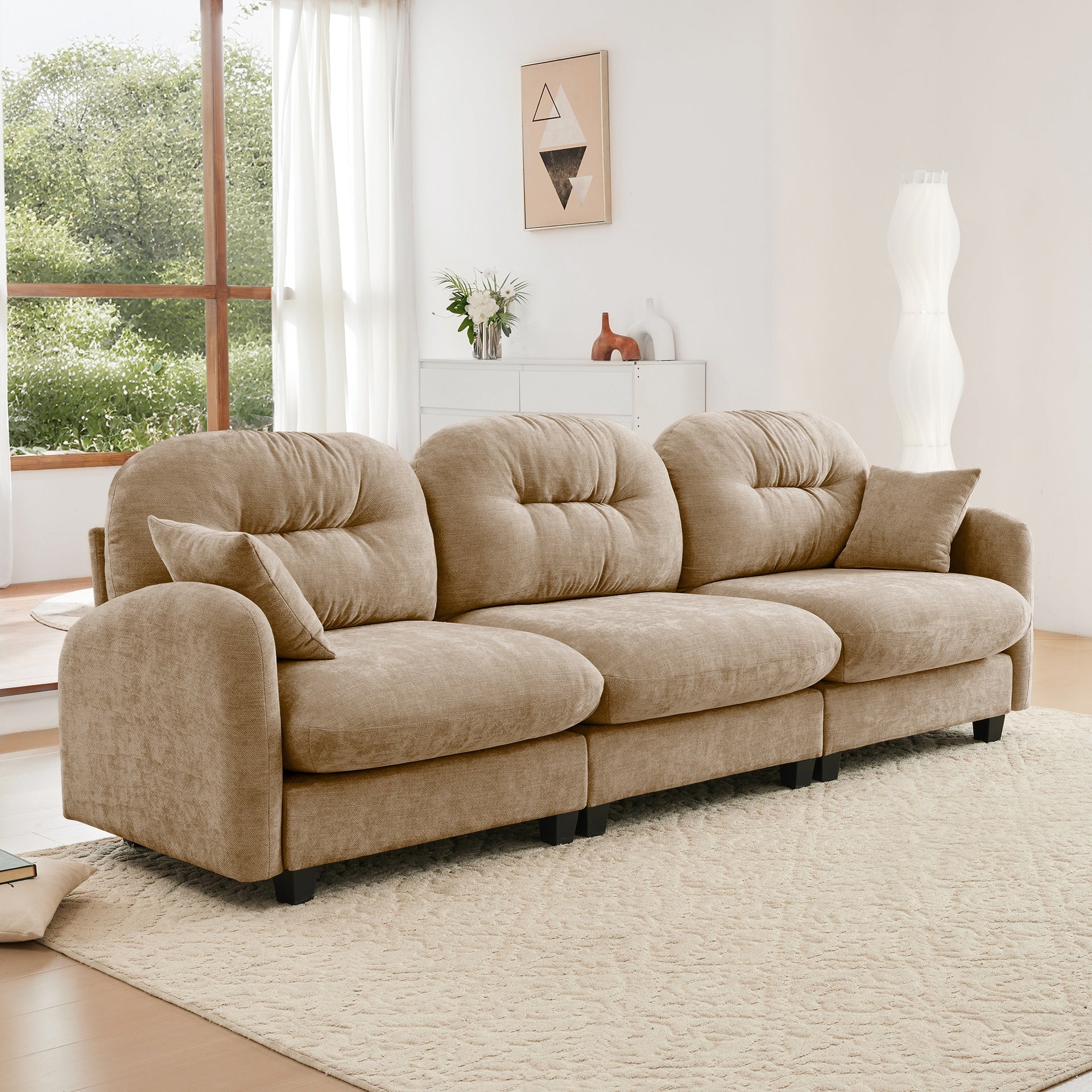 Three-Seate Modular Sectional Couch,Soft Chenille Fabric High-Density Foam,Tufted Cushion Backrest Design Ergonomic Design,Elegant Armrests,High Quality Wooden Base,Fits Bedrooms Living Rooms,Camel