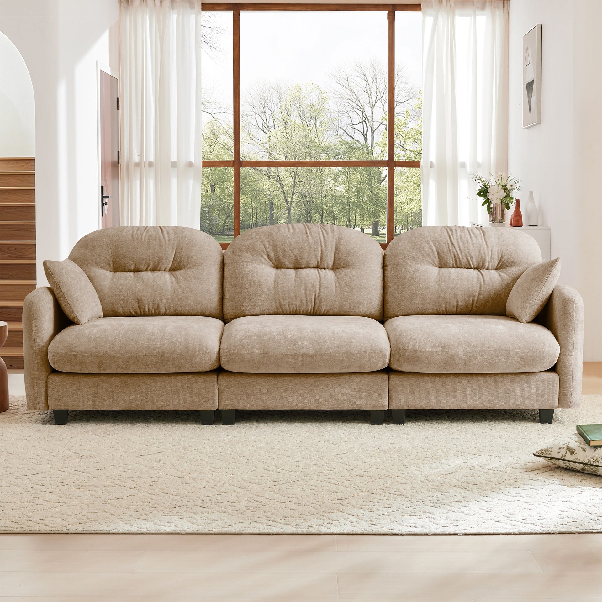 Three-Seate Modular Sectional Couch,Soft Chenille Fabric High-Density Foam,Tufted Cushion Backrest Design Ergonomic Design,Elegant Armrests,High Quality Wooden Base,Fits Bedrooms Living Rooms,Camel
