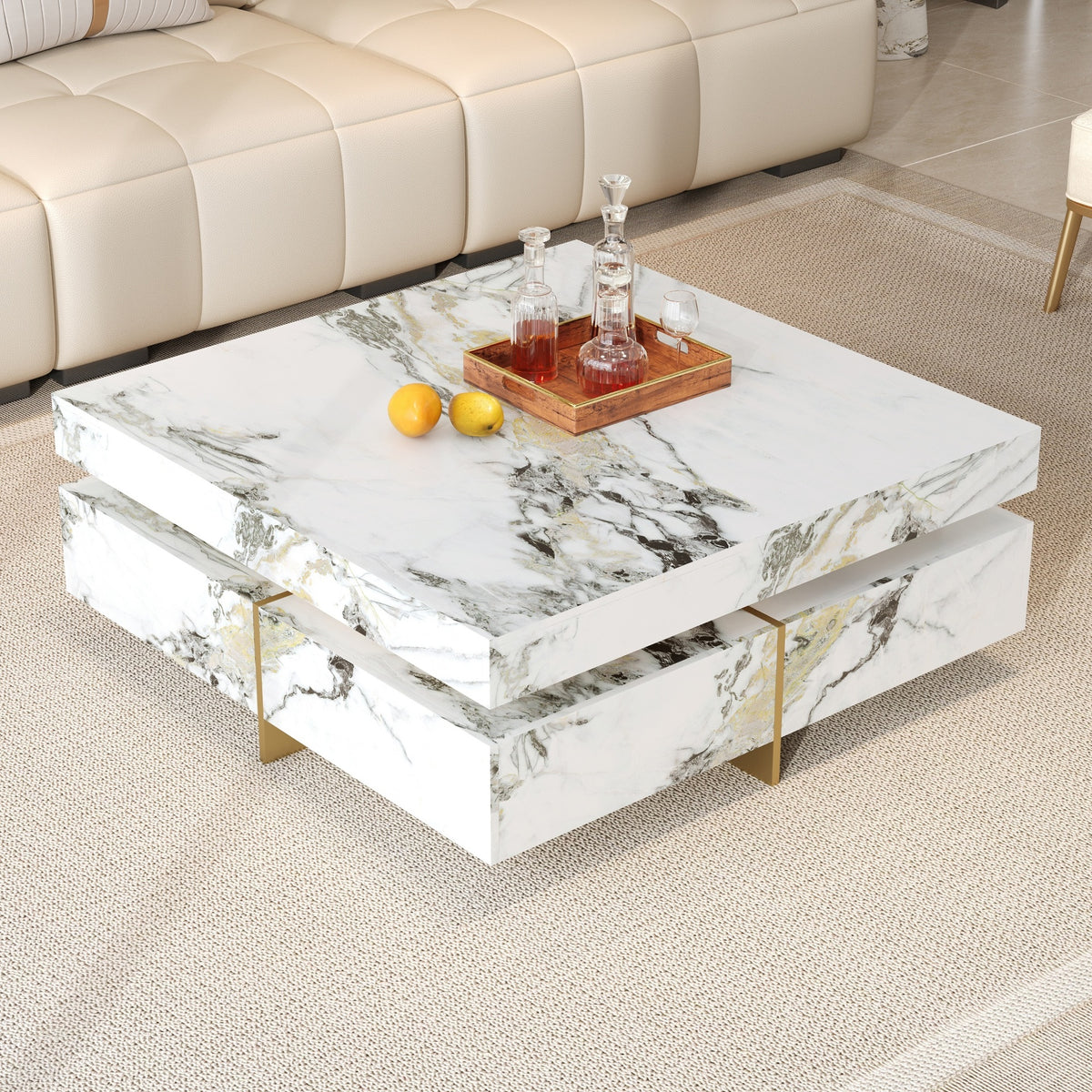 Modern Square Marble Textured Coffee table with 4 Drawers and Suspended Base, White, 43.3"