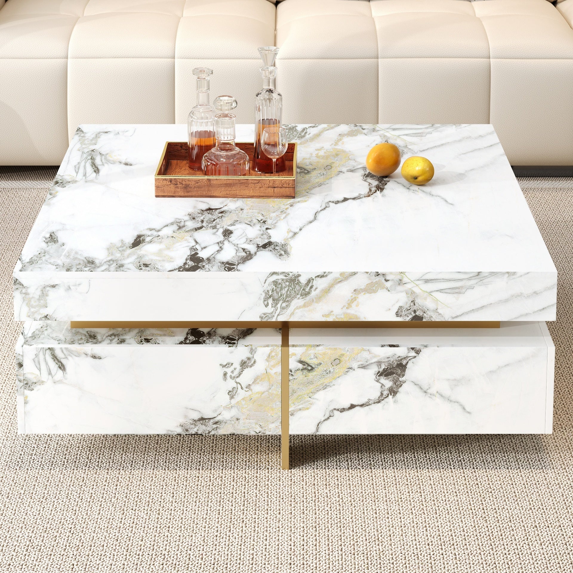 Modern Square Marble Textured Coffee table with 4 Drawers and Suspended Base, White, 43.3"