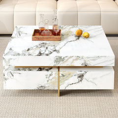 Modern Square Marble Textured Coffee table with 4 Drawers and Suspended Base, White, 43.3"