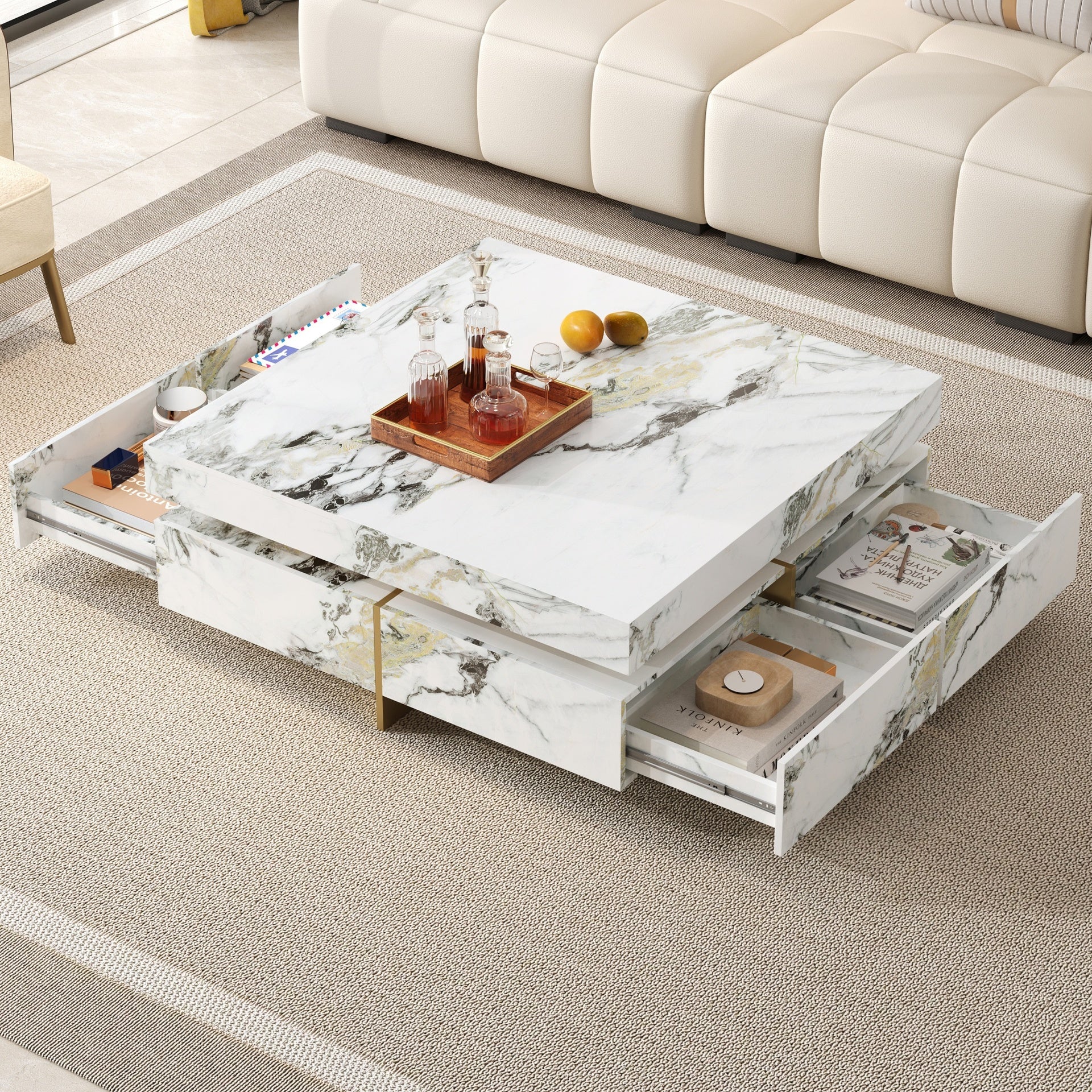 Modern Square Marble Textured Coffee table with 4 Drawers and Suspended Base, White, 43.3"
