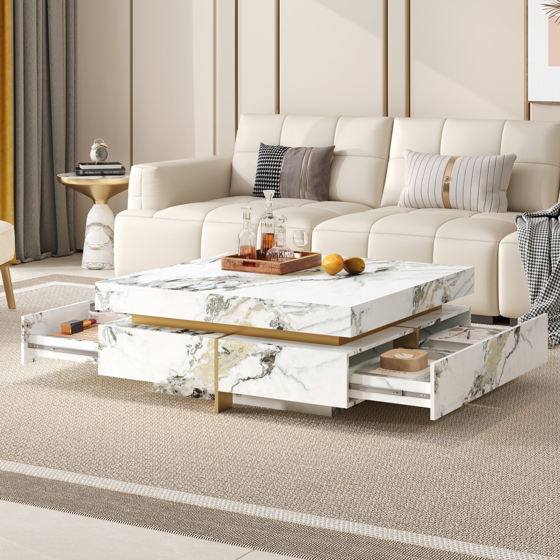 Modern Square Marble Textured Coffee table with 4 Drawers and Suspended Base, White, 43.3"