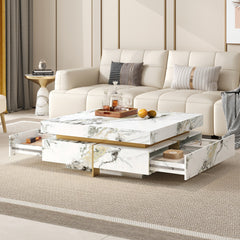 Modern Square Marble Textured Coffee table with 4 Drawers and Suspended Base, White, 43.3"