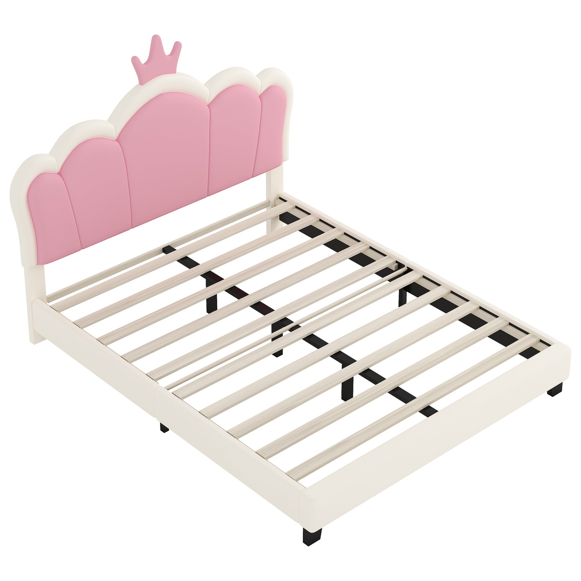 Full size Upholstered Princess Bed With Crown Headboard,Full Size Platform Bed with Headboard and Footboard, Cream+Pink