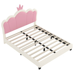 Full size Upholstered Princess Bed With Crown Headboard,Full Size Platform Bed with Headboard and Footboard, Cream+Pink