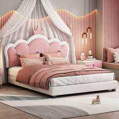 Full size Upholstered Princess Bed With Crown Headboard,Full Size Platform Bed with Headboard and Footboard, Cream+Pink