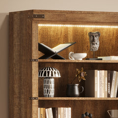 83.4"Tall Modern Bookshelf with Doors, Farmhouse Bookcase with 3-Tier Adjustable Shelves, Display Shelves with LED Light,Large Storage Cabinet for Living Room,Home Office, Walnut