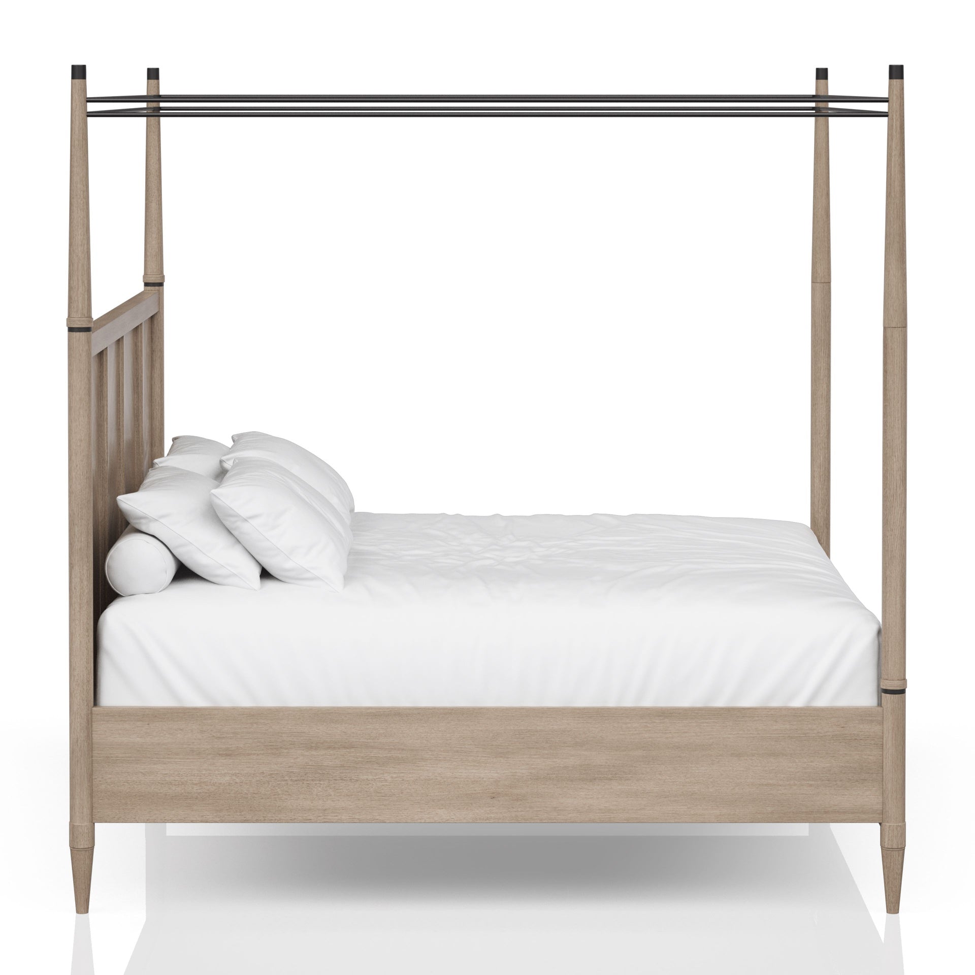 Queen Canopy Bedroom Set with a 2 Drawer Nightstand. a modern Dresser with Poster Mirror and a Door Chest.
