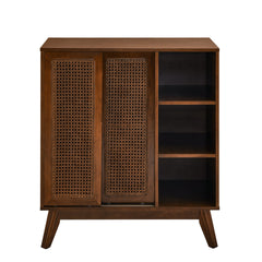 Mid Century Modern Rattan Sideboard Cabinet, Buffet Cabinet for Entryway Hallway Living Room Kitchen Dining Room, Adjustable Shelf & Solid Wood Feet & Rattan Cabinet Doors - Dark Wood