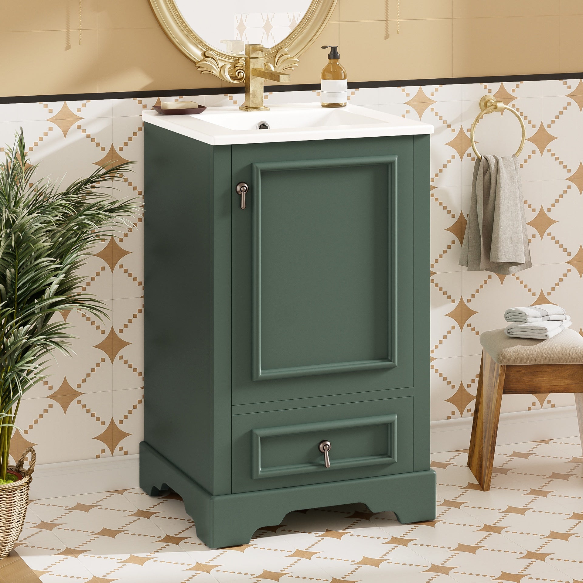 20 Inch Bathroom Vanity with Ceramic Sink, Soft Close Door, Adjustable U-Shaped Shelf, Compartment Drawer and Door Storage Rack, Modern Style, Space-Saving Design