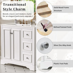 36'' transitional bathroom vanity with ceramic sink – features 2 soft-close doors, an adjustable U-shaped shelf, 3 drawers (including one with divider), painted finish, and ample storage space