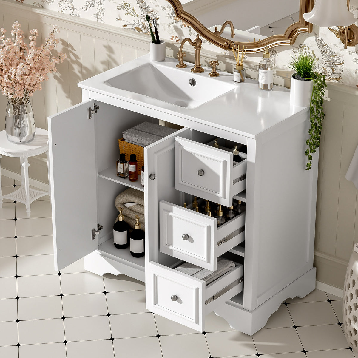 36'' transitional bathroom vanity with ceramic sink – features 2 soft-close doors, an adjustable U-shaped shelf, 3 drawers (including one with divider), painted finish, and ample storage space