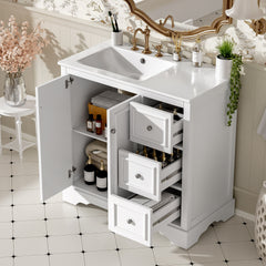 36'' transitional bathroom vanity with ceramic sink – features 2 soft-close doors, an adjustable U-shaped shelf, 3 drawers (including one with divider), painted finish, and ample storage space