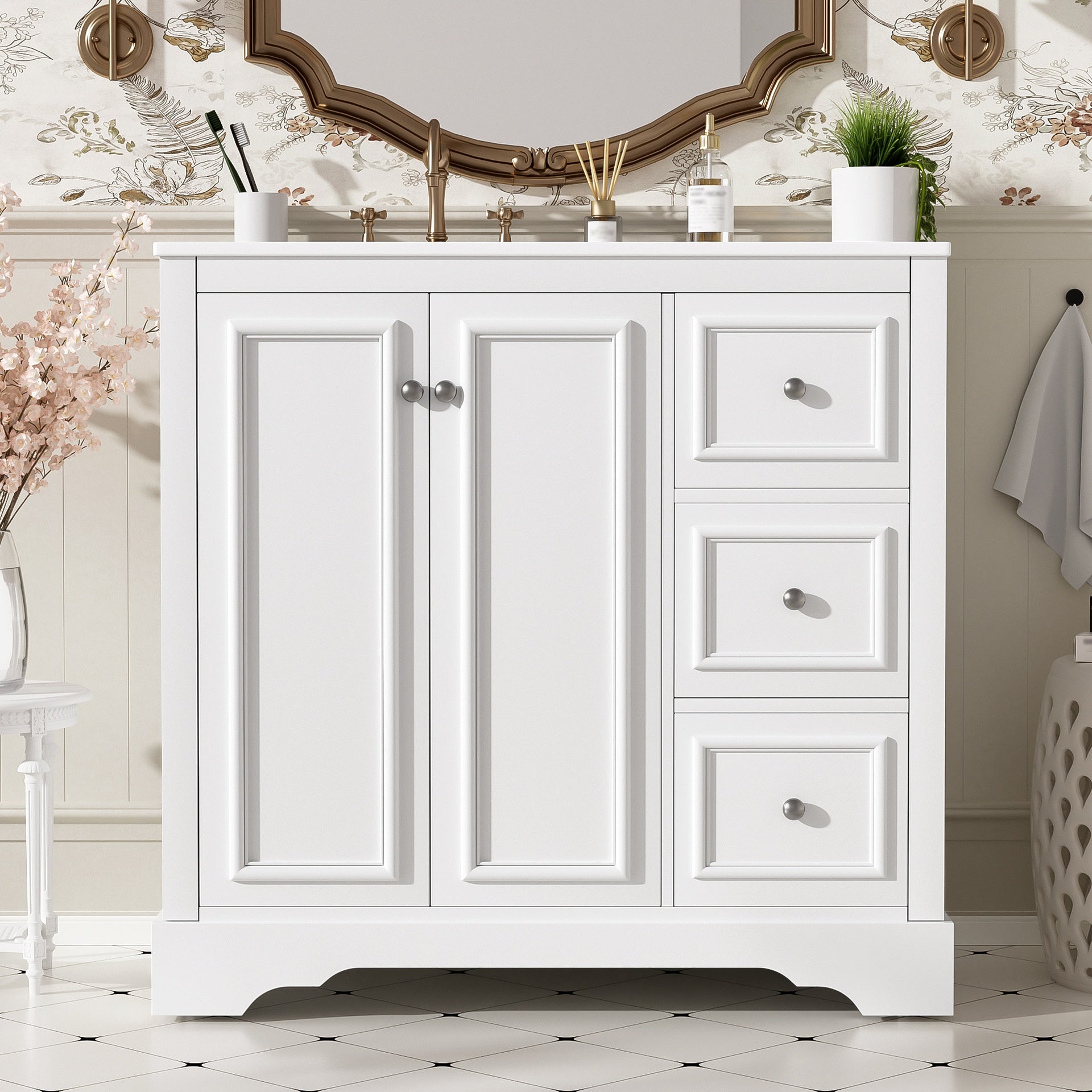 36'' transitional bathroom vanity with ceramic sink – features 2 soft-close doors, an adjustable U-shaped shelf, 3 drawers (including one with divider), painted finish, and ample storage space