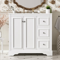 36'' transitional bathroom vanity with ceramic sink – features 2 soft-close doors, an adjustable U-shaped shelf, 3 drawers (including one with divider), painted finish, and ample storage space
