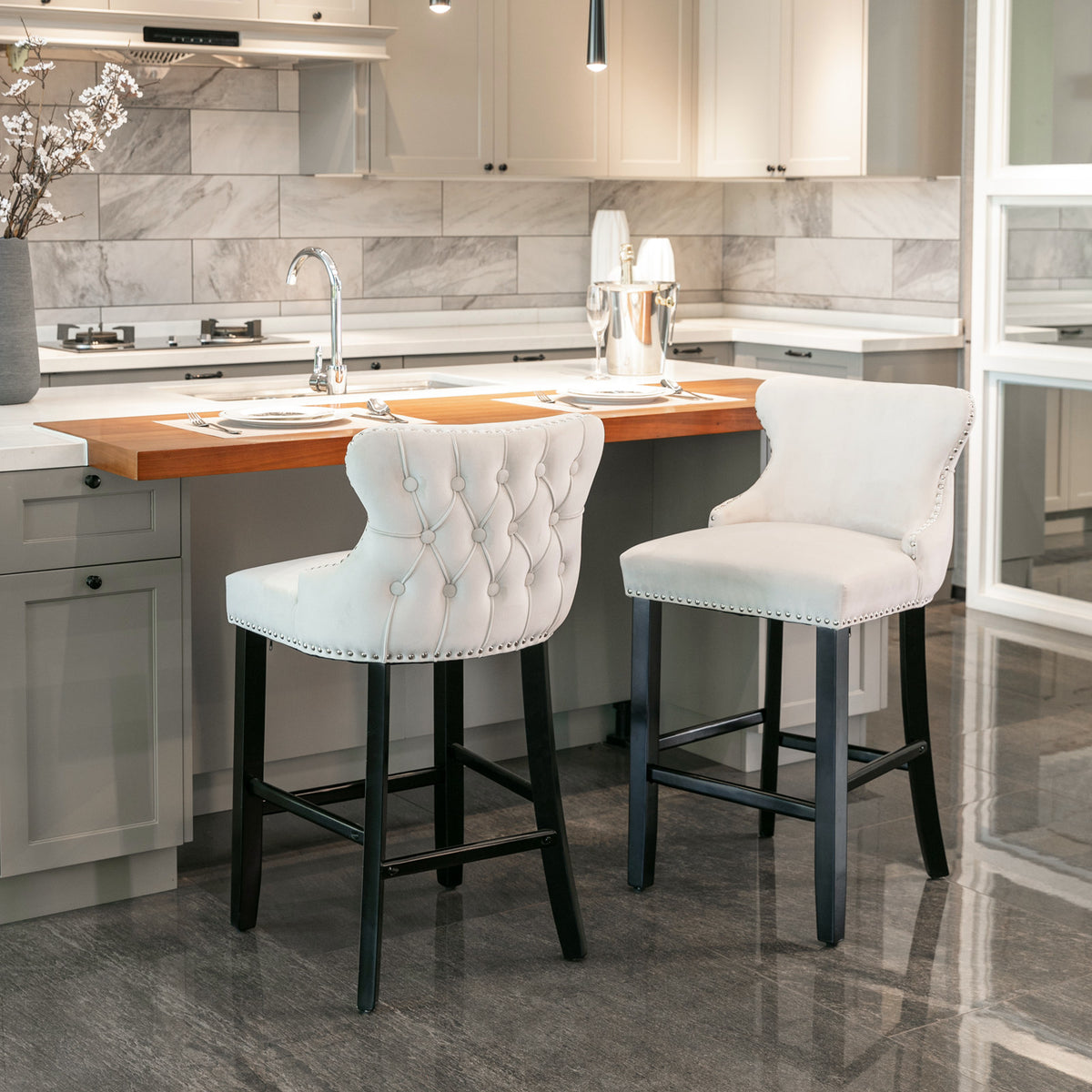 A&amp;A Furniture,Contemporary Velvet Upholstered Wing-Back Barstools with Button Tufted Decoration and Wooden Legs, and Chrome Nailhead Trim, Leisure Style Bar Chairs,Bar stools, Set of 2 (Beige),SW1824B