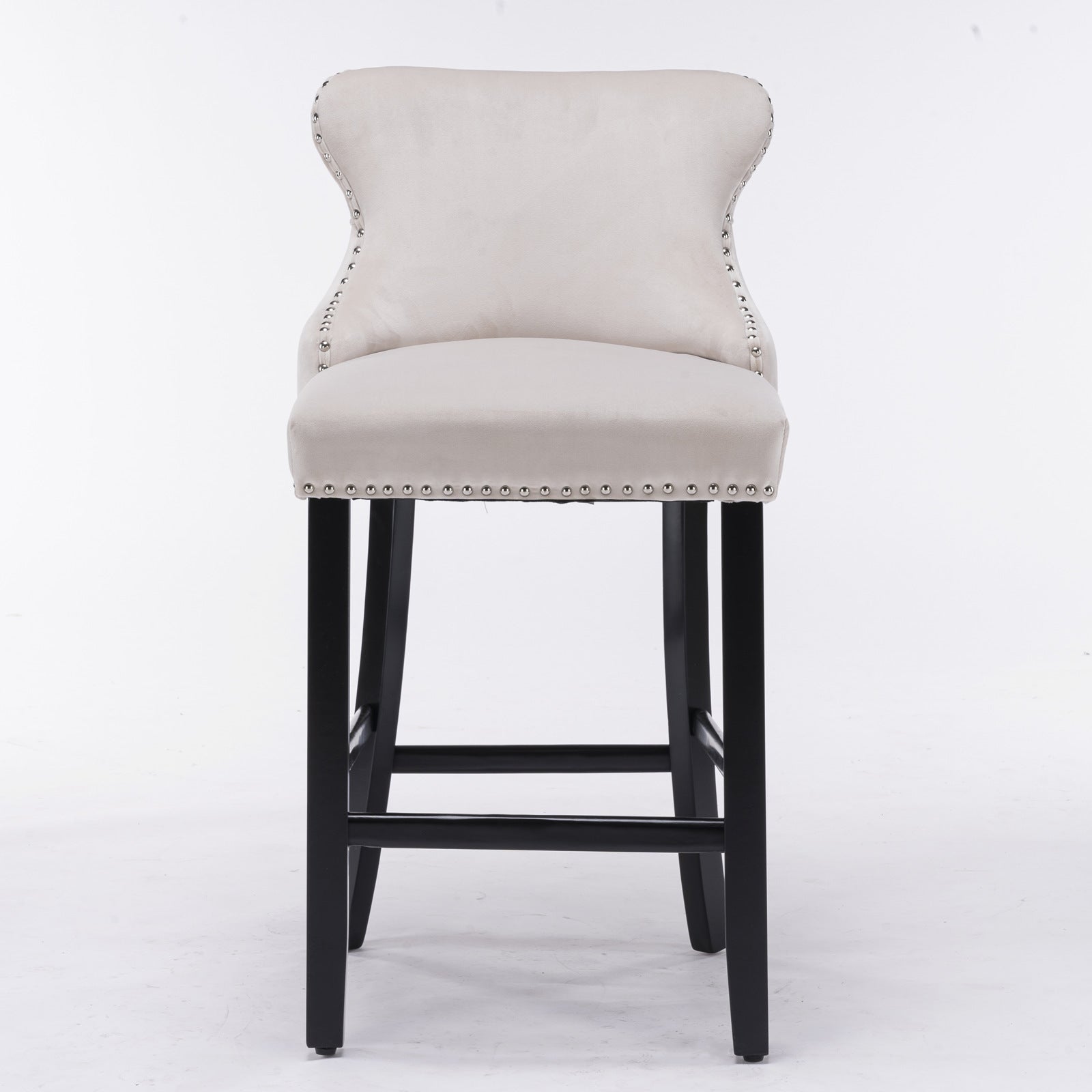 A&amp;A Furniture,Contemporary Velvet Upholstered Wing-Back Barstools with Button Tufted Decoration and Wooden Legs, and Chrome Nailhead Trim, Leisure Style Bar Chairs,Bar stools, Set of 2 (Beige),SW1824B