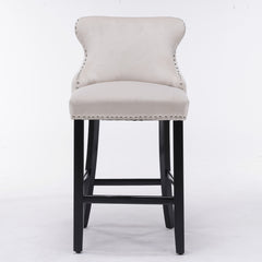 A&amp;A Furniture,Contemporary Velvet Upholstered Wing-Back Barstools with Button Tufted Decoration and Wooden Legs, and Chrome Nailhead Trim, Leisure Style Bar Chairs,Bar stools, Set of 2 (Beige),SW1824B