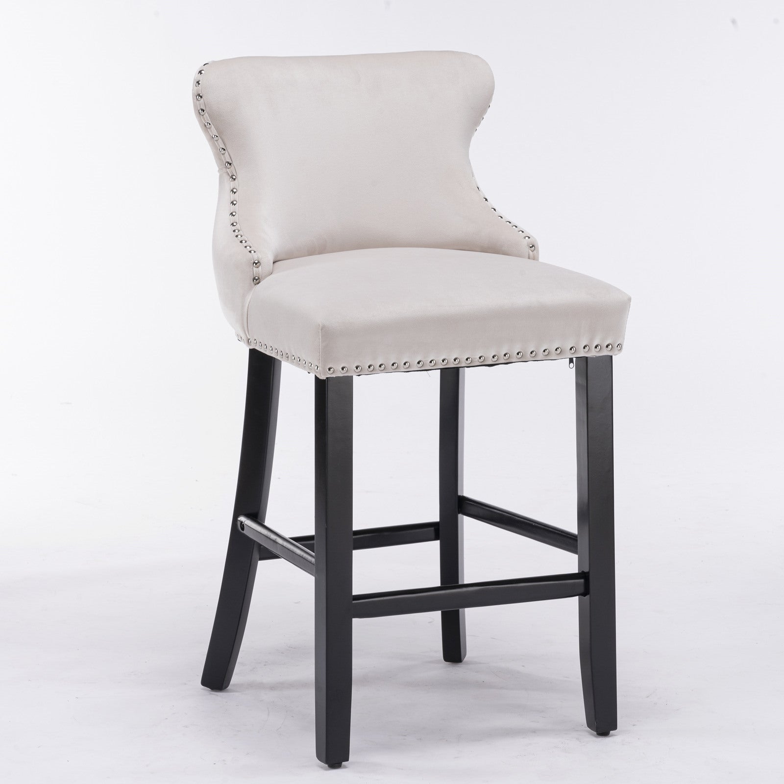 A&amp;A Furniture,Contemporary Velvet Upholstered Wing-Back Barstools with Button Tufted Decoration and Wooden Legs, and Chrome Nailhead Trim, Leisure Style Bar Chairs,Bar stools, Set of 2 (Beige),SW1824B